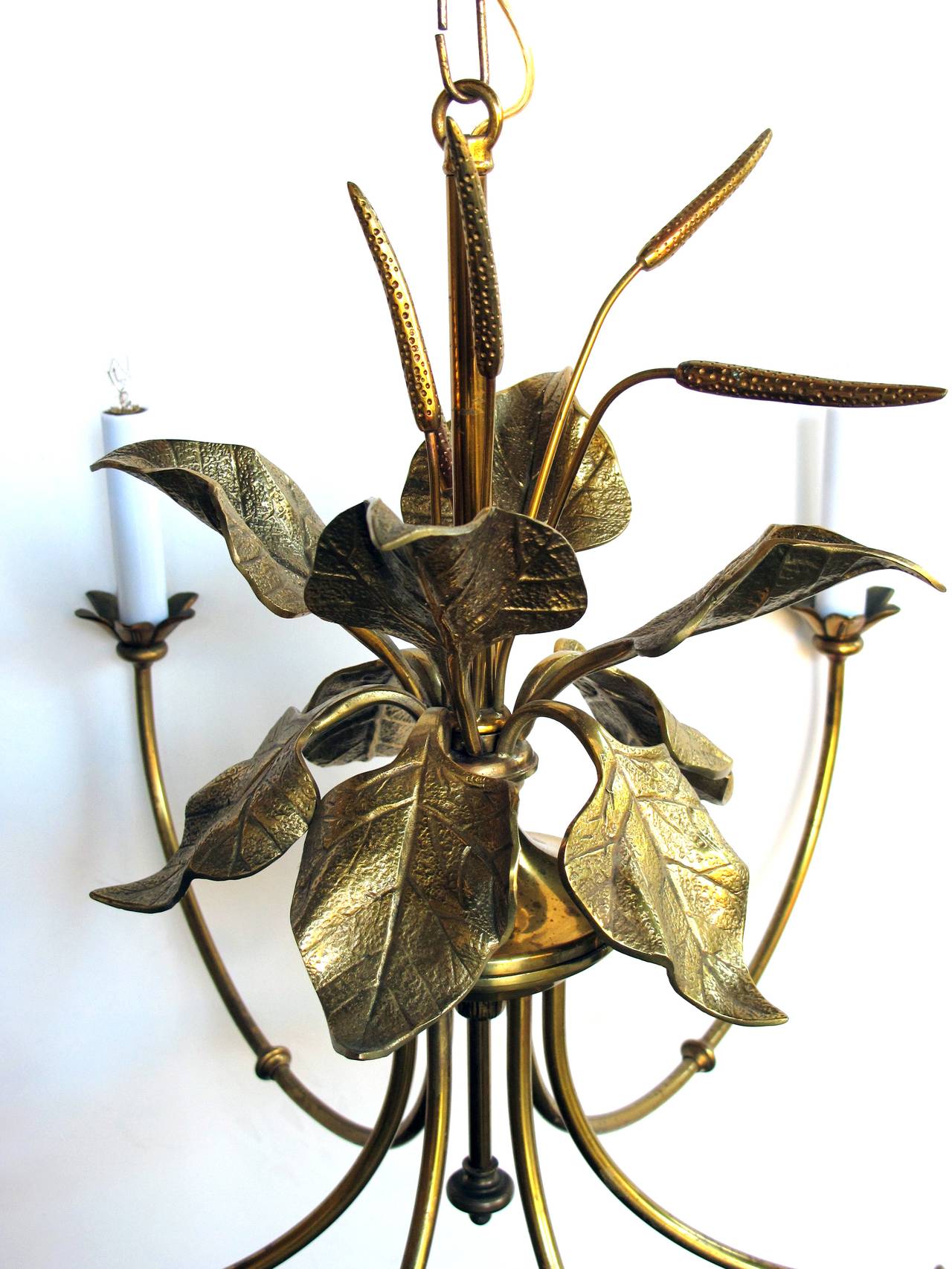 Stylish Brass, Six-Light Chandelier with Foliage and Cattails by Maison Charles In Excellent Condition In San Francisco, CA