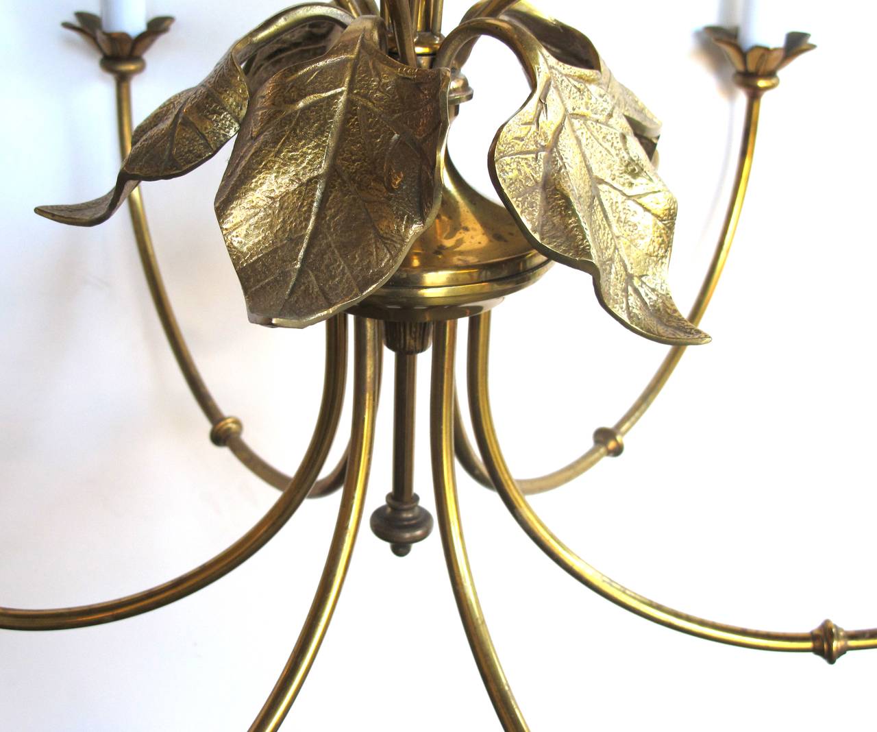 Mid-20th Century Stylish Brass, Six-Light Chandelier with Foliage and Cattails by Maison Charles