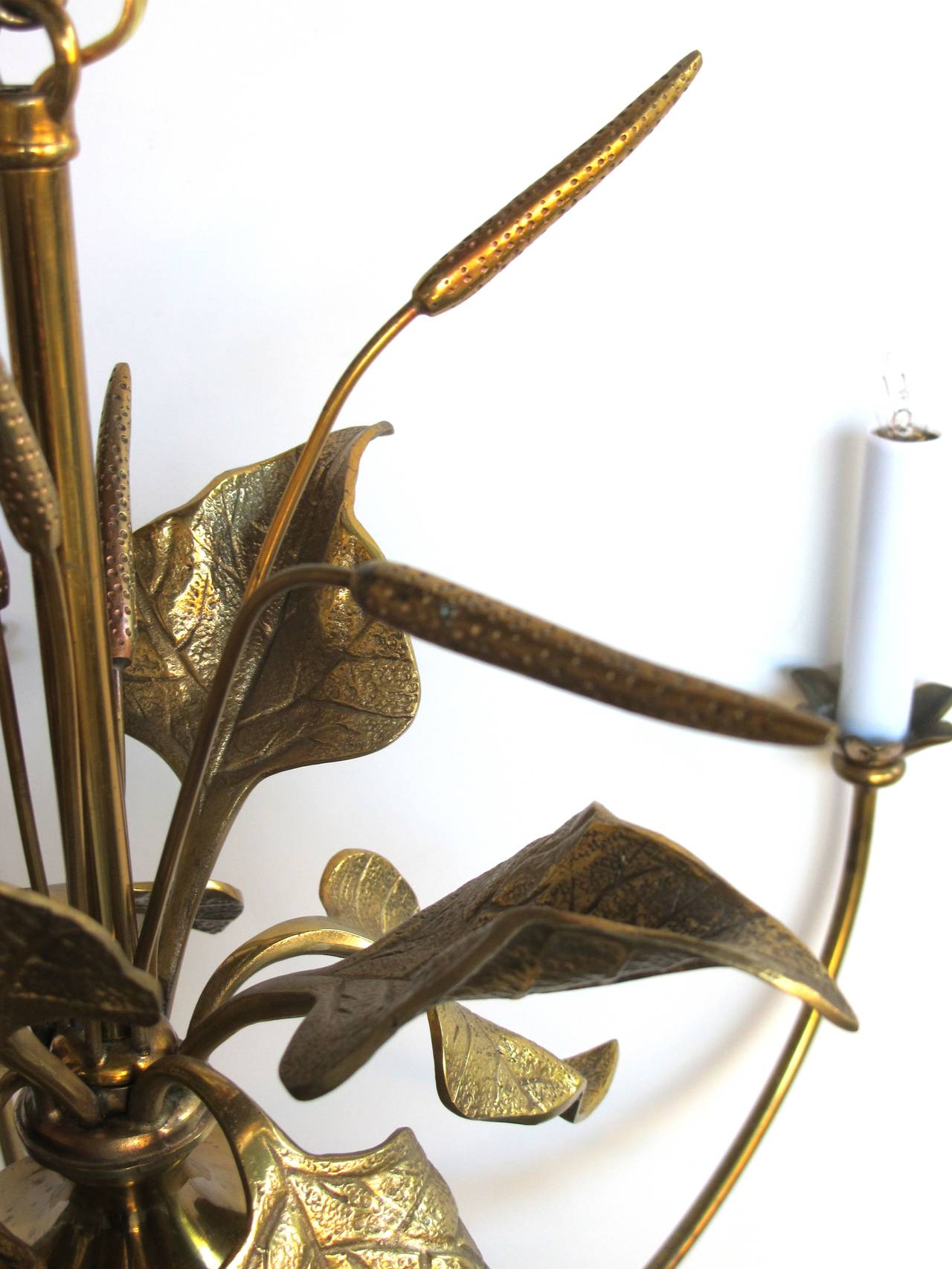Stylish Brass, Six-Light Chandelier with Foliage and Cattails by Maison Charles 1