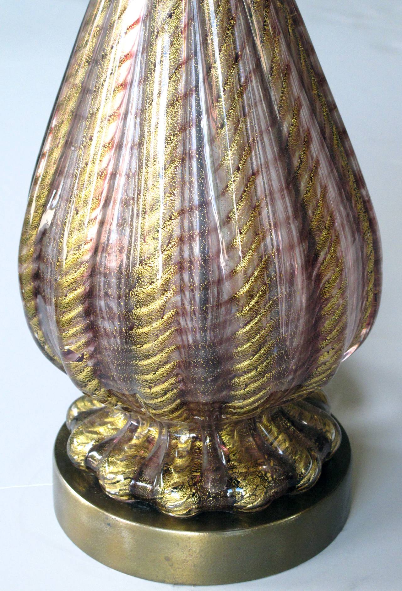 Italian A Good Quality Pair of Murano Aubergine and Gold Aventurine Ribbed Glass Lamps