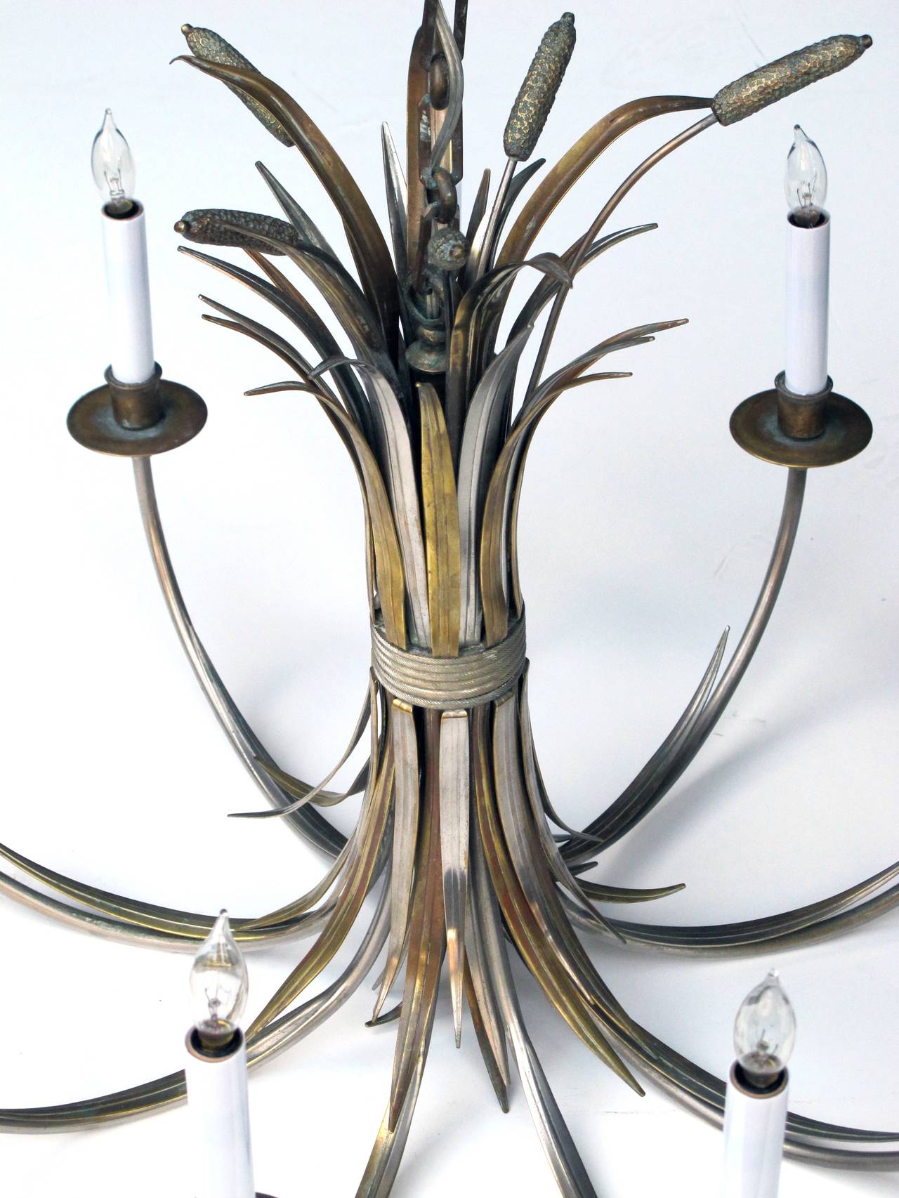 French Nickel and Brass Nine-Light Chandelier of Tied Cattails by Maison Charles In Good Condition In San Francisco, CA