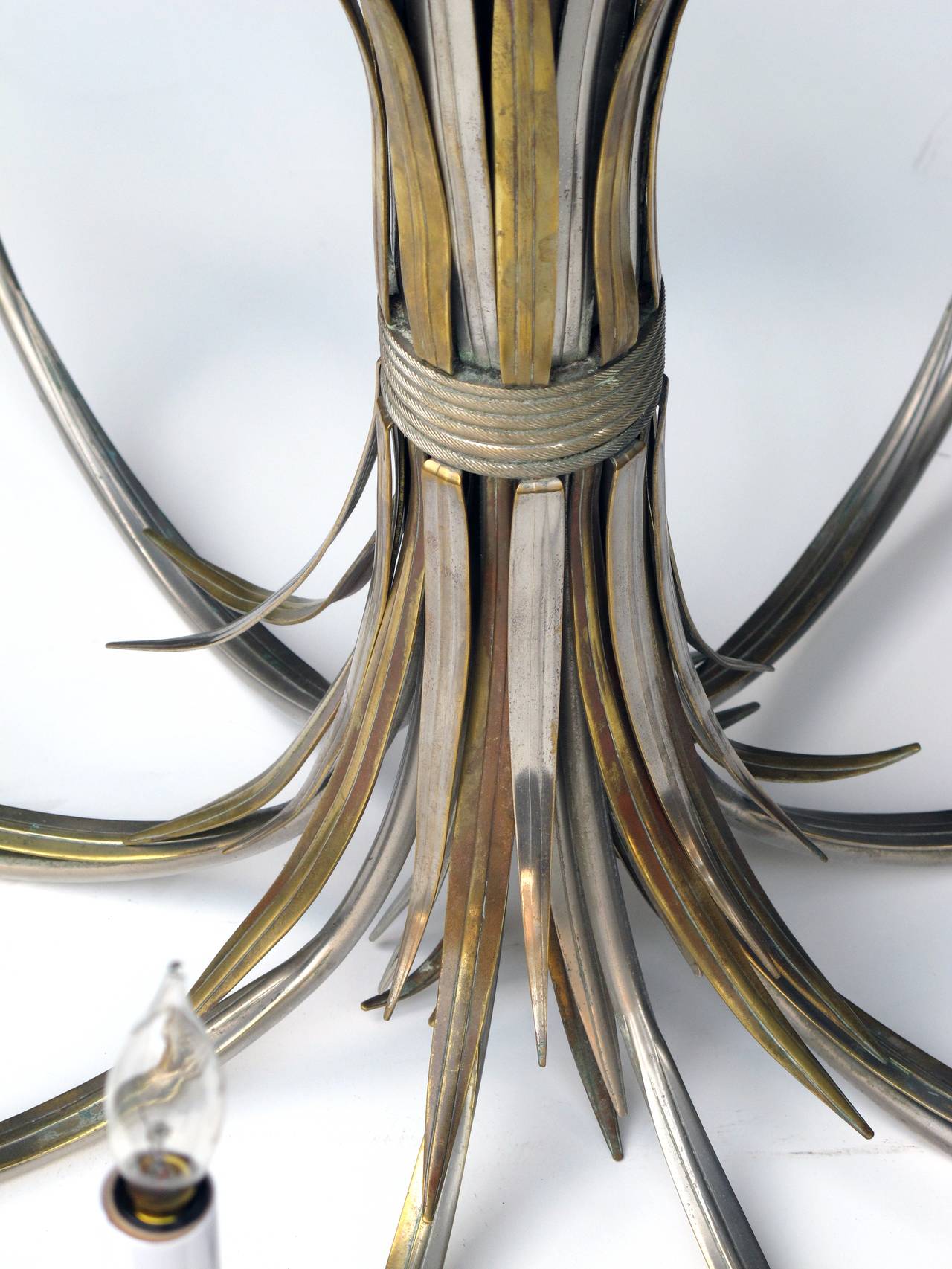 Mid-20th Century French Nickel and Brass Nine-Light Chandelier of Tied Cattails by Maison Charles