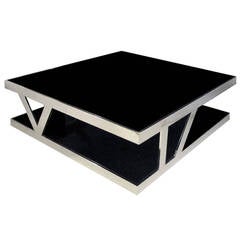 Large French Square Chrome Coffee Table with Black Glass Top and Shelf