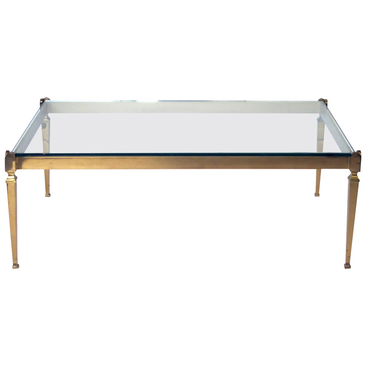 Chic French 1940s Solid Brass Rectangular Coffee Table with Glass Top