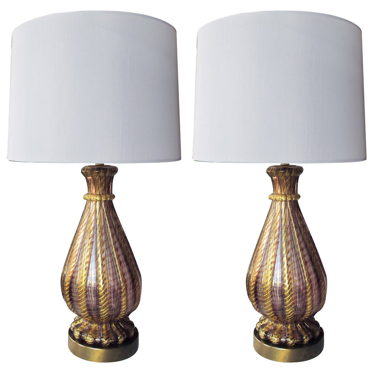 A Good Quality Pair of Murano Aubergine and Gold Aventurine Ribbed Glass Lamps