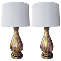 A Good Quality Pair of Murano Aubergine and Gold Aventurine Ribbed Glass Lamps 3