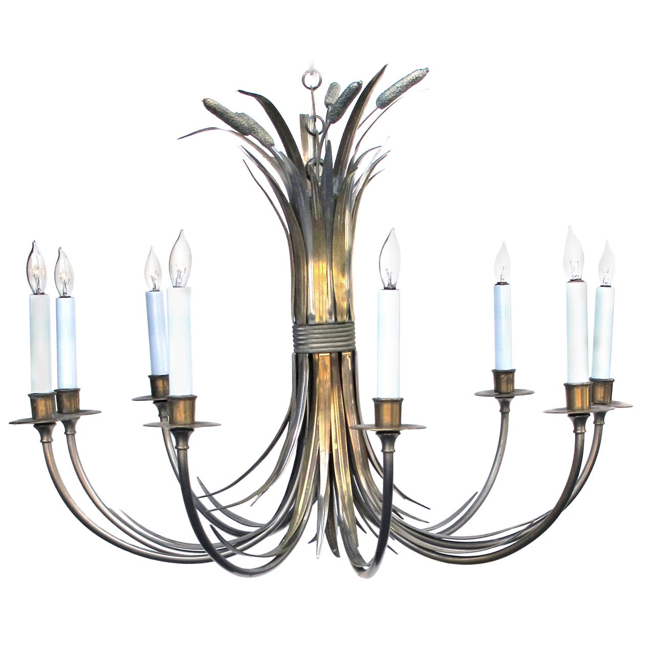 French Nickel and Brass Nine-Light Chandelier of Tied Cattails by Maison Charles