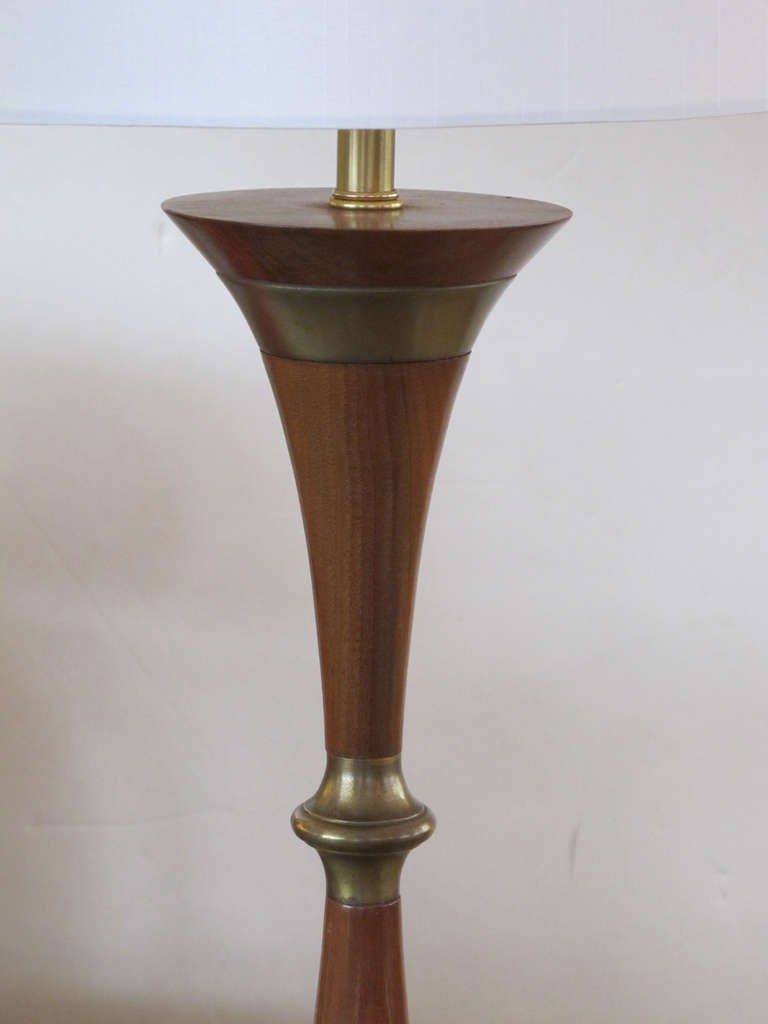 Mid-20th Century A Shapely Pair of Danish Mid-Century Walnut & Brass Hour-Glass Shaped Lamps For Sale