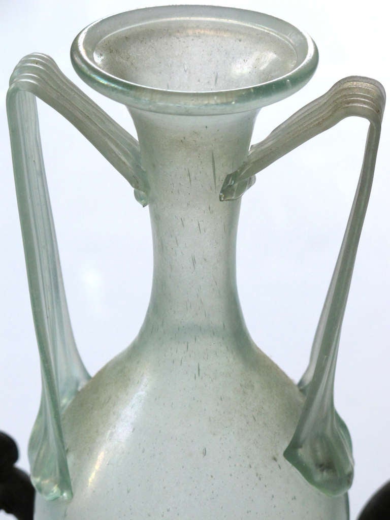 19th Century A Rare Italian Murano Aqua-Colored Glass Amphora with Bronze Tripod by Fonderia Sommer, Napoli