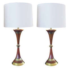 A Shapely Pair of Danish Mid-Century Walnut & Brass Hour-Glass Shaped Lamps