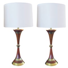 Pair of Tony Paul for Westfield Mid-century Walnut and Brass Hour-glass Lamps