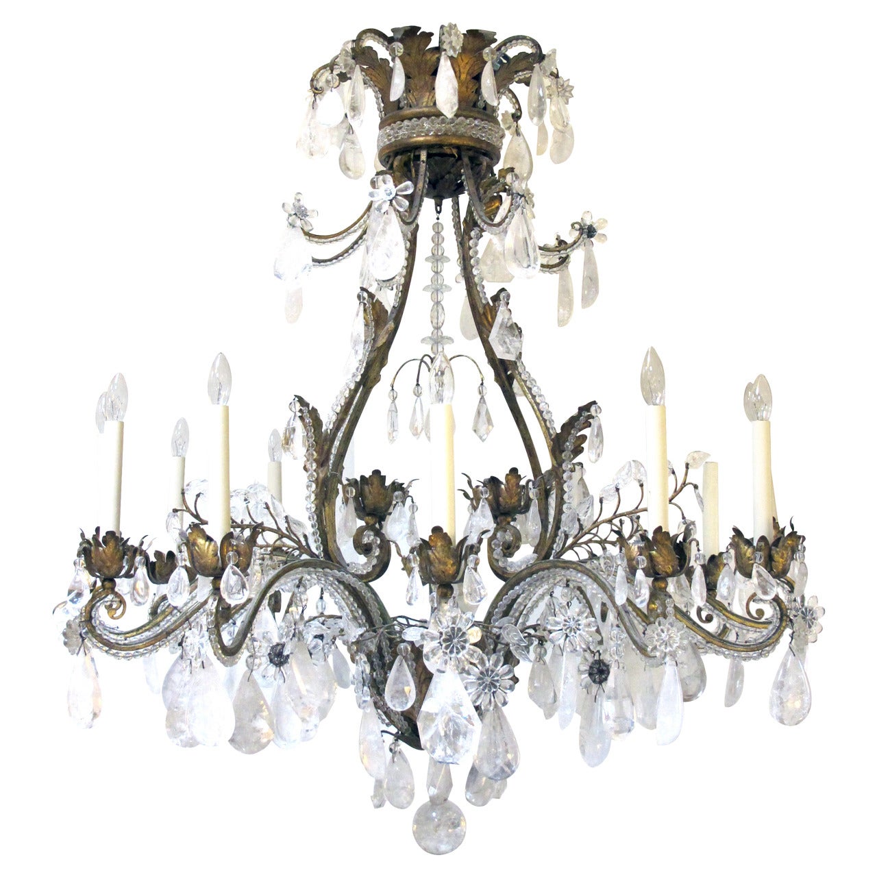 French Rococo Style Gilt-Iron & Rock Crystal 12-Light Chandelier, by Nesle, Inc.