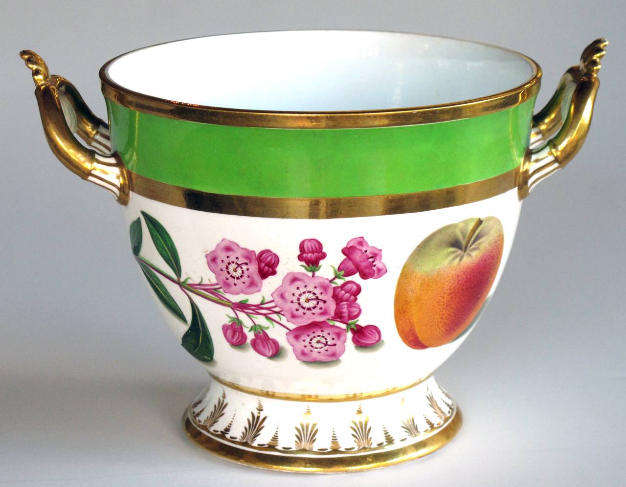 French Good Quality Paris Porcelain Polychromed Double-Handled Cache Pot or Jardiniere For Sale