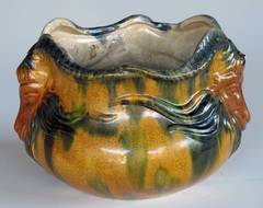 A Shapely American Ohio Pottery Ochre and Teal Drip-Glazed Jardiniere