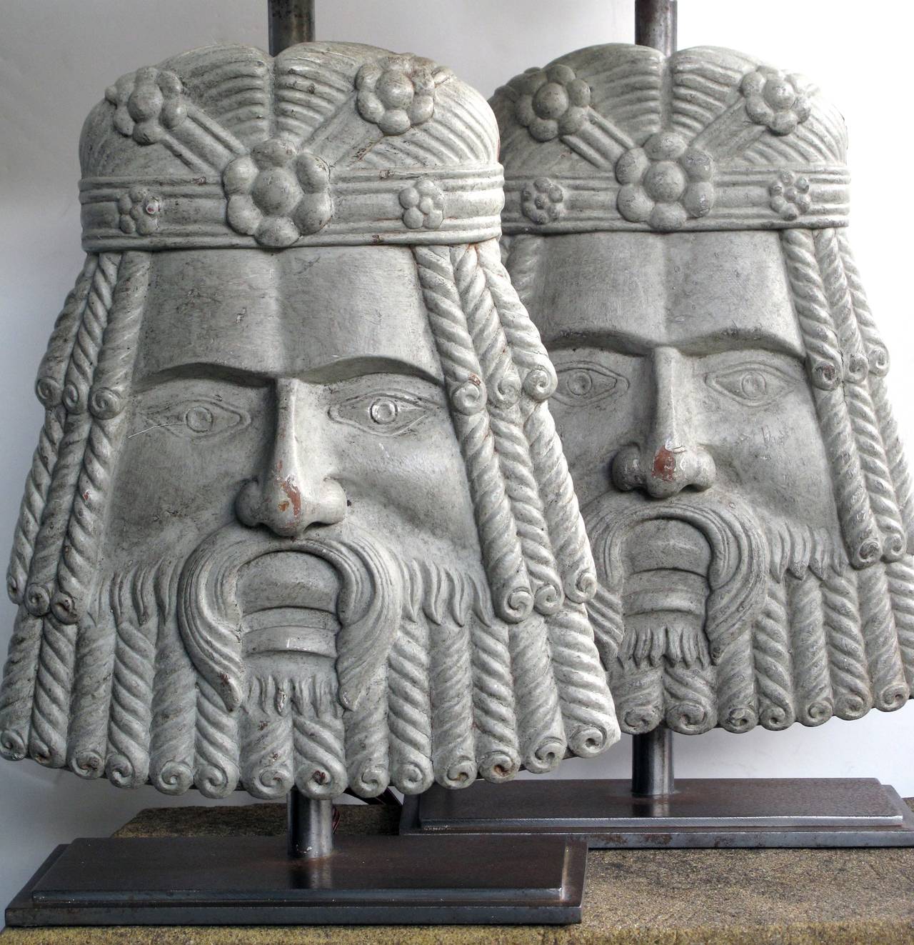 Classical Roman Well-Carved Pair of Italian Romanesque Style Gray Painted Wooden Masks now Lamps For Sale