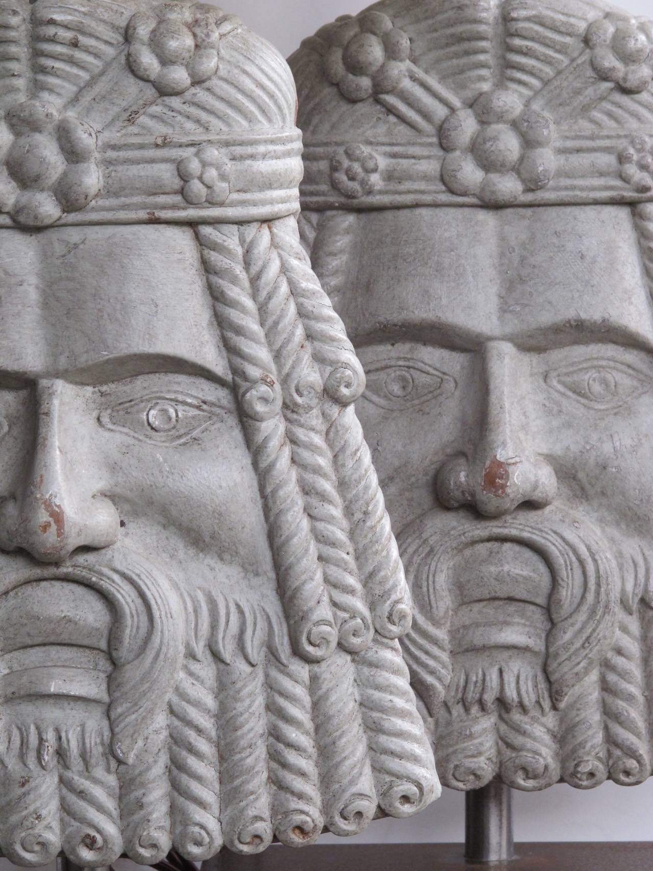 Well-Carved Pair of Italian Romanesque Style Gray Painted Wooden Masks now Lamps In Good Condition For Sale In San Francisco, CA
