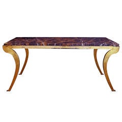 Shapely and Elegant French 1940s Gilt Iron Coffee Table with Marble Top