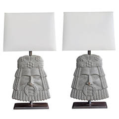 Well-Carved Pair of Italian Romanesque Style Gray Painted Wooden Masks now Lamps