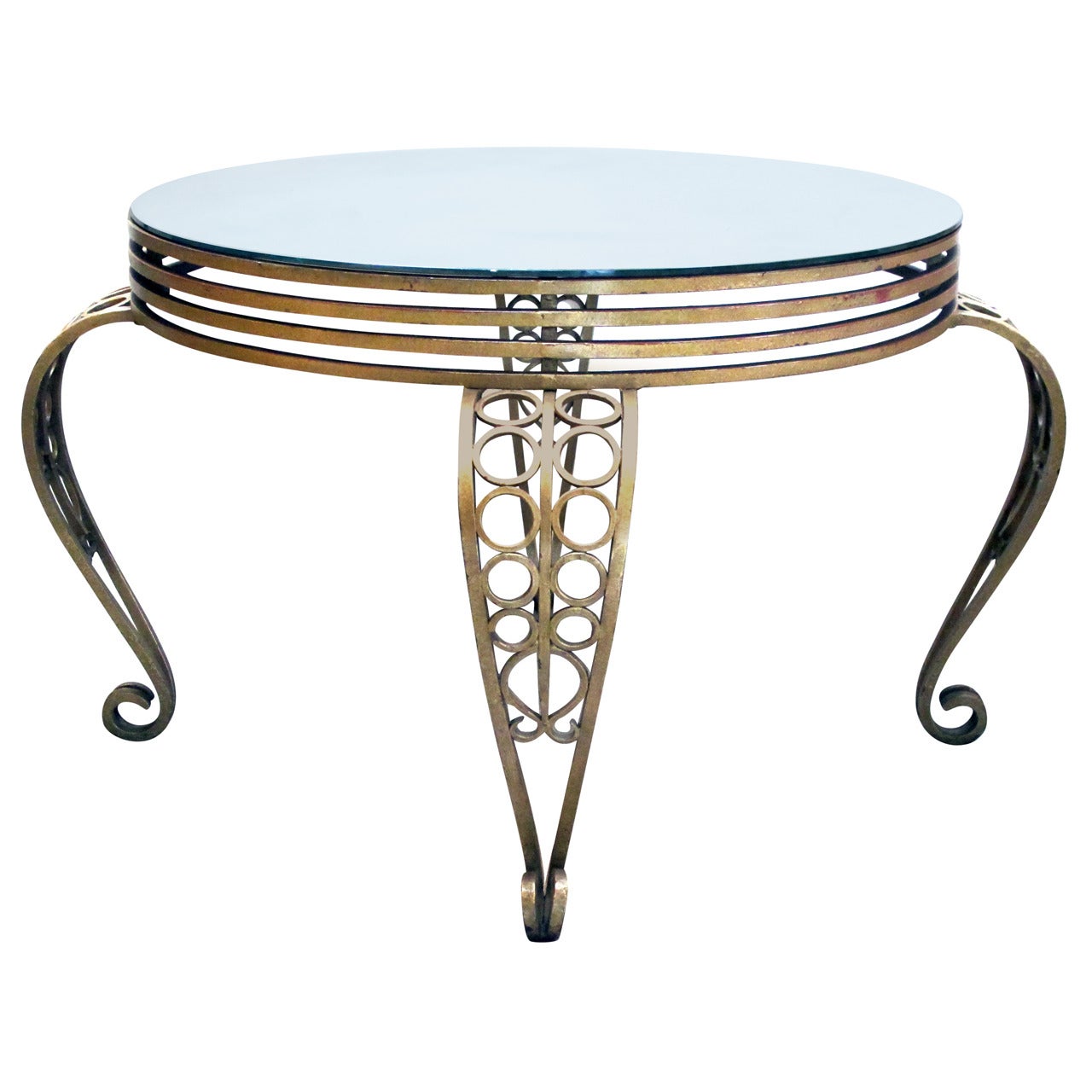 Shapely French Art Deco Gilt Iron Circular Table with Mirrored Top