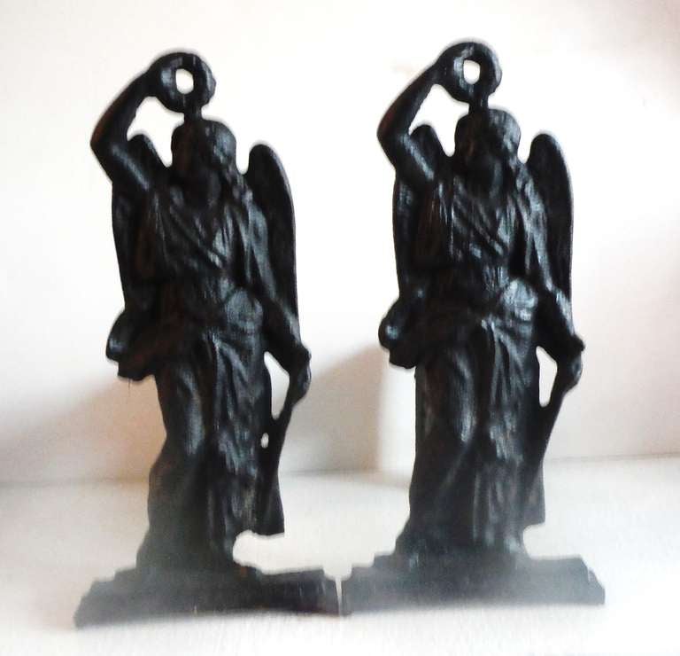 Antique Cast Iron Archangel Andirons In Excellent Condition In Los Angeles, CA