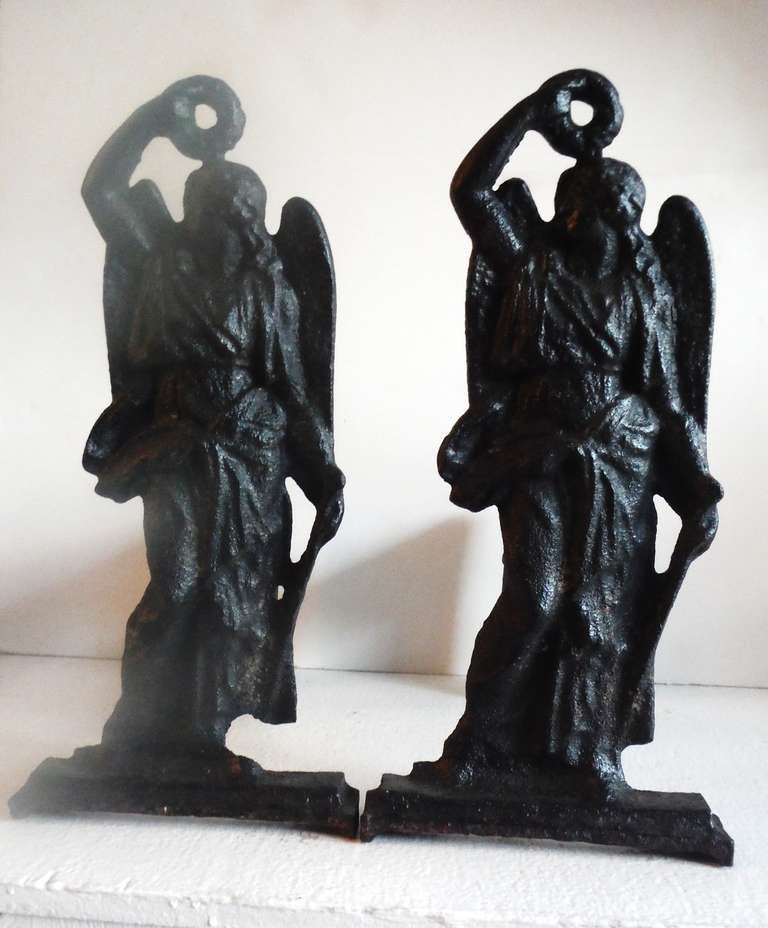 19th Century Antique Cast Iron Archangel Andirons