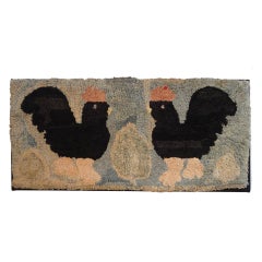 Antique Folky Hand-Hooked Chickens Rug on Mount