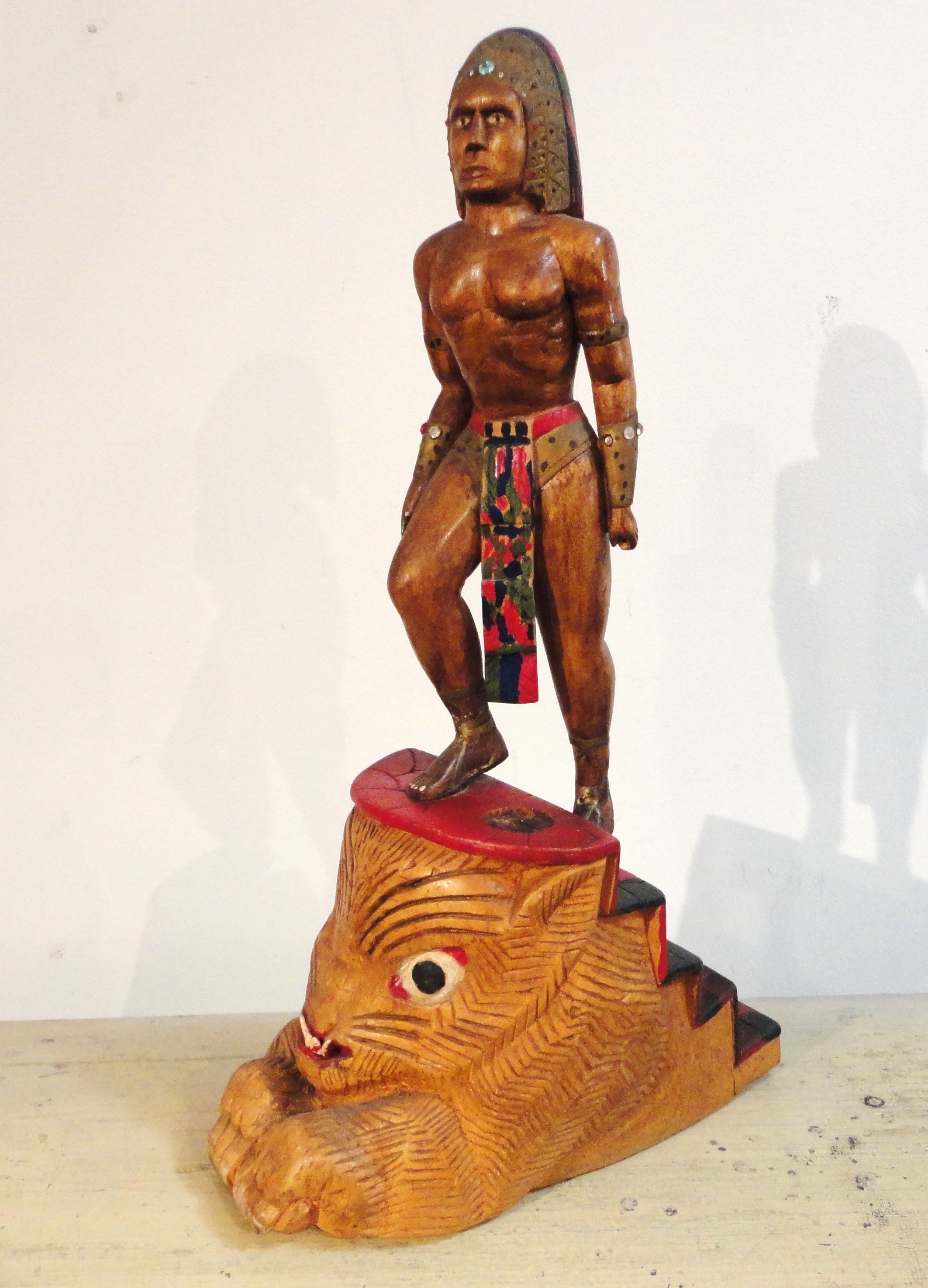 Hand-Carved and Painted Indian Sculpture on Bobcat