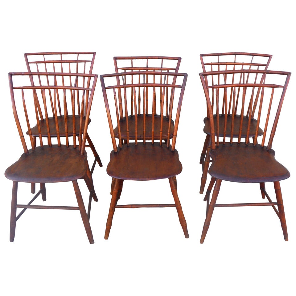 Set of Six 19th c. Early Philadelphia Rod Back Birdcage Windsor Chairs