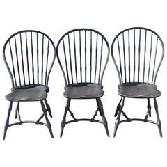 Antique Set of Three 19th Century Black Painted New England Windsor Chairs
