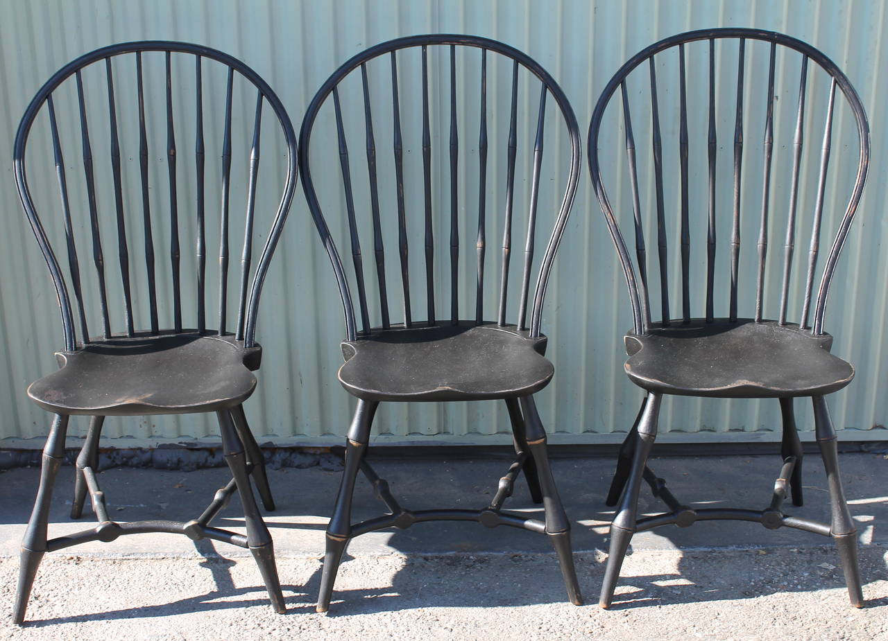 American Colonial Set of Three 19th Century Black Painted New England Windsor Chairs