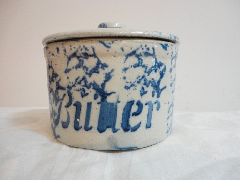 19thc Spongeware  Butter Crock With Original Lid From Pennsylvania