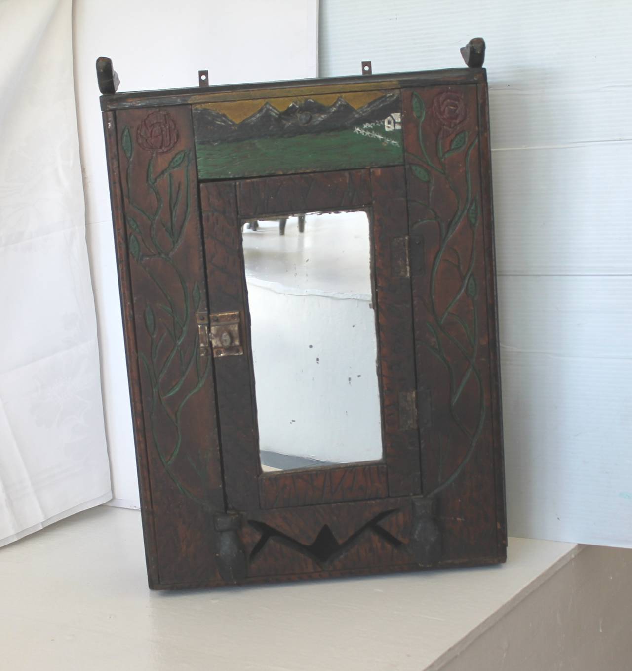 Adirondack 19th Century Hand-Carved and Painted Folk Art Hanging Wall Cabinet
