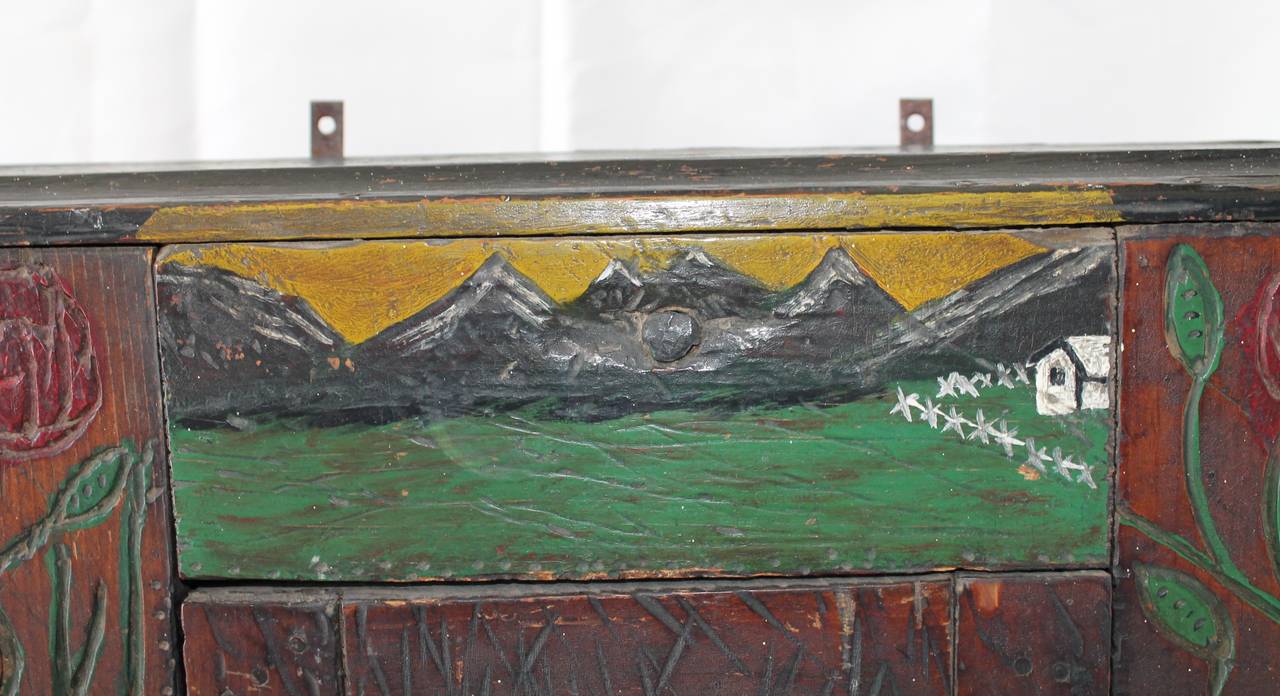 19th Century Hand-Carved and Painted Folk Art Hanging Wall Cabinet 2