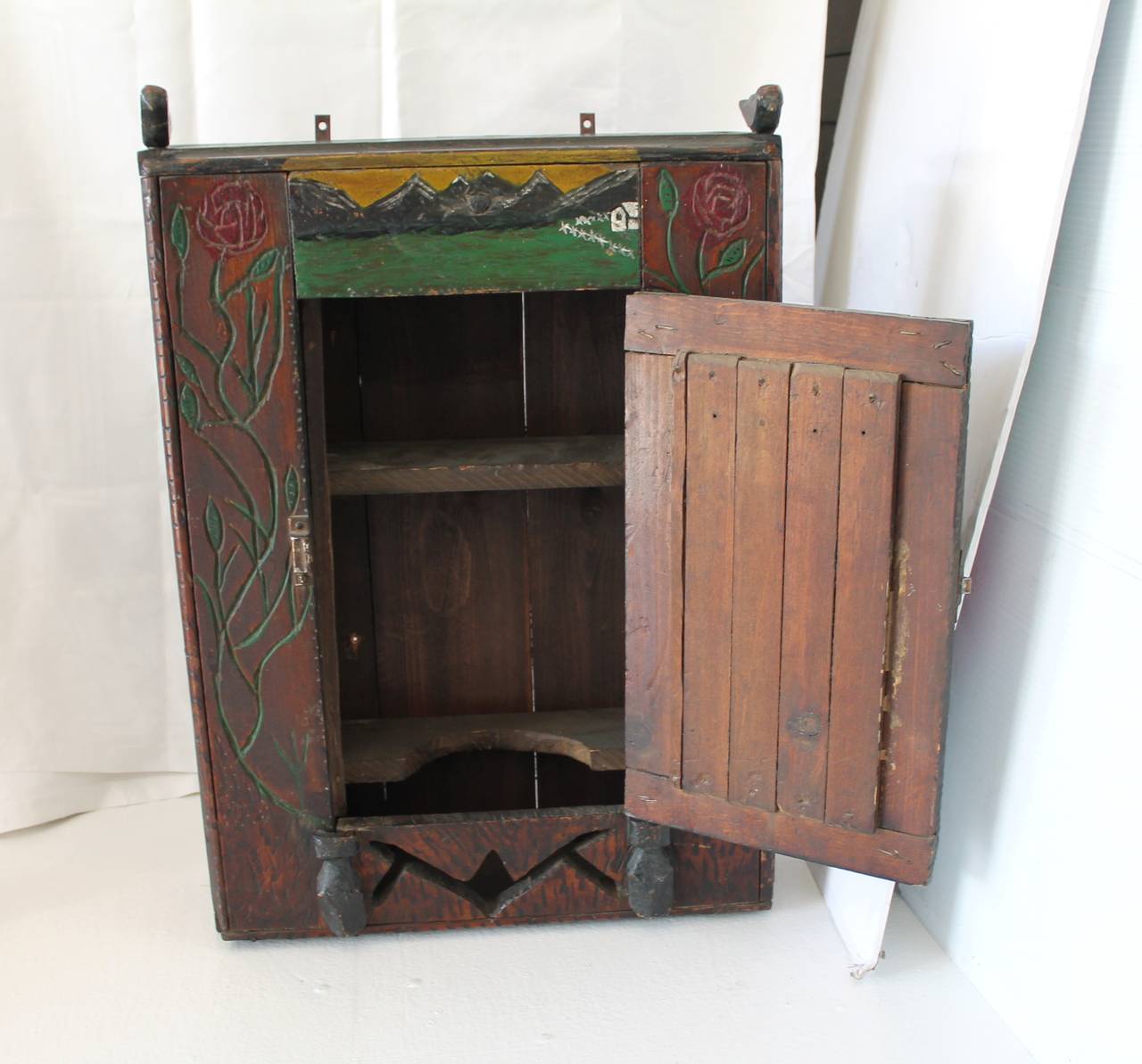 19th Century Hand-Carved and Painted Folk Art Hanging Wall Cabinet 3