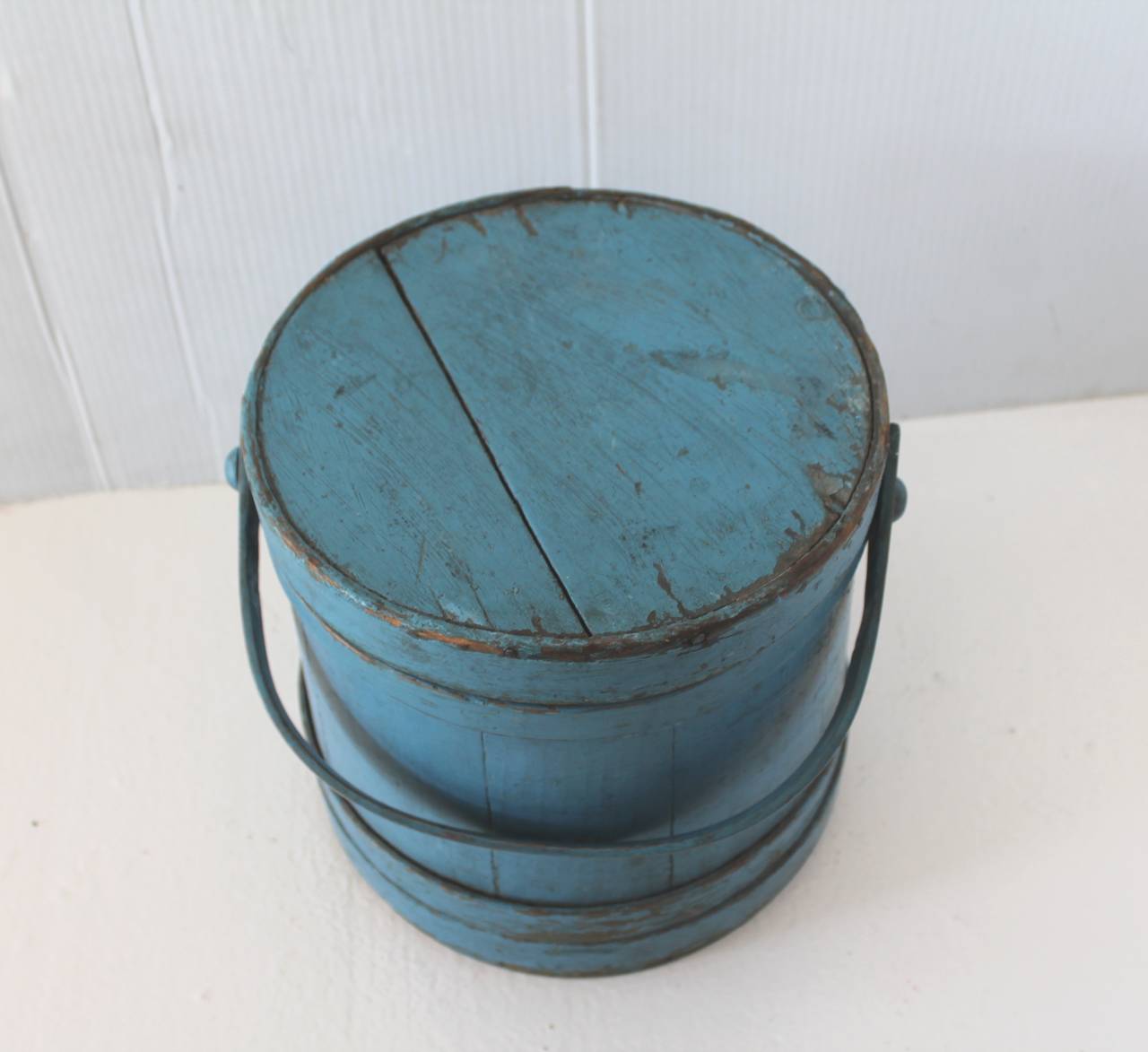 American 19th Century Robin Egg Blue New England Painted Firkin