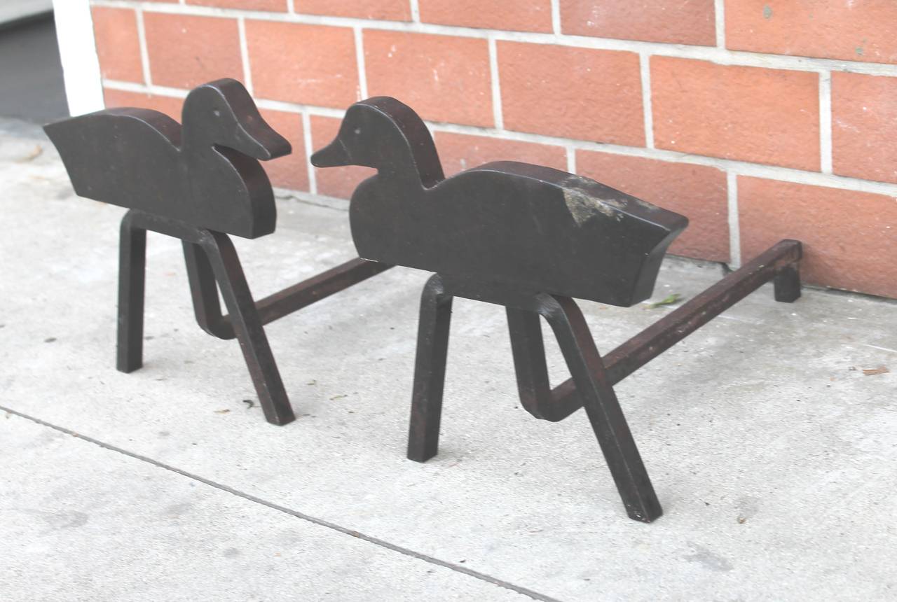 Folky Handmade Duck Andirons from the Midwest In Excellent Condition In Los Angeles, CA