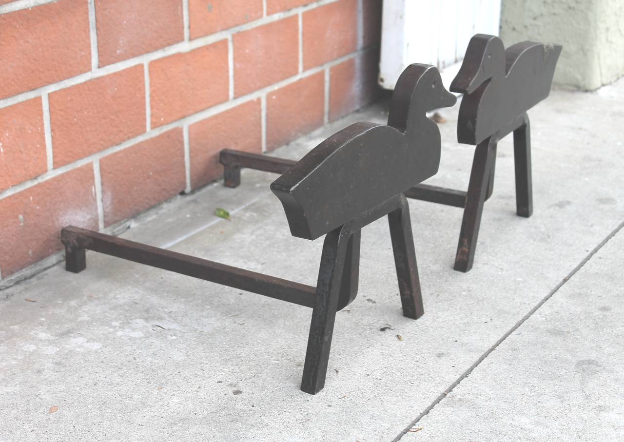 Early 20th Century Folky Handmade Duck Andirons from the Midwest
