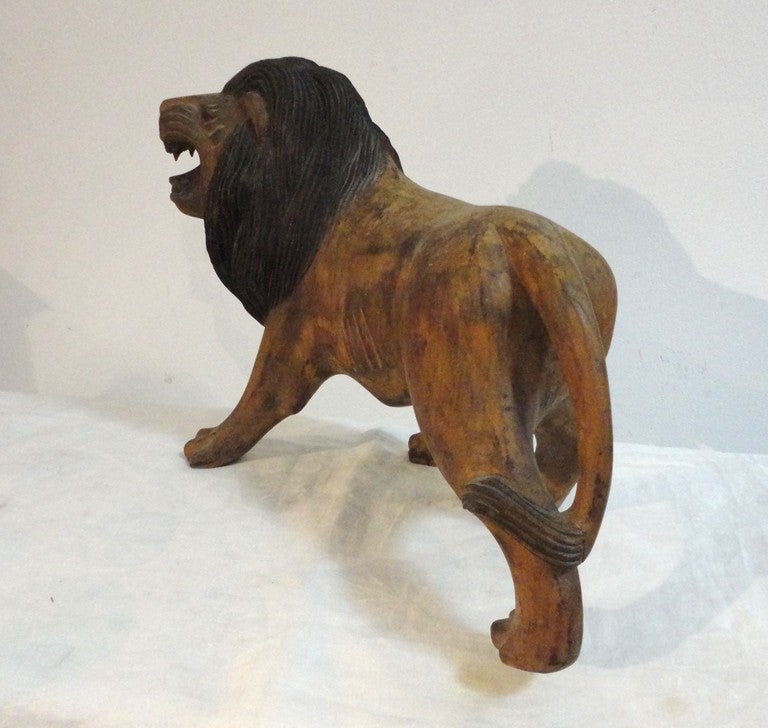 Pair of 19th Century Monumental Hand Carved & Painted Table Top Lions In Distressed Condition In Los Angeles, CA
