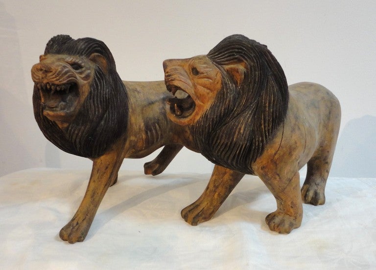 Pair of 19th Century Monumental Hand Carved & Painted Table Top Lions 4