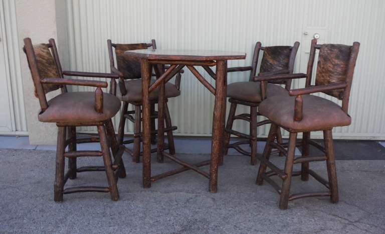 American Old HIckory Pub Table with Four Upholstered Swivel Bar Stools