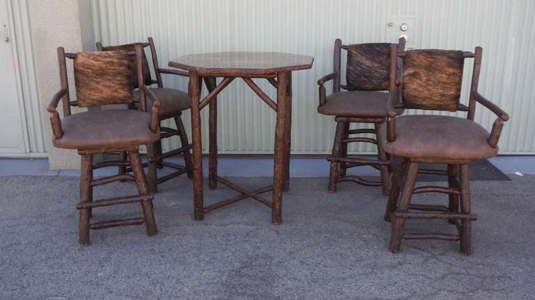 Hickory Old HIckory Pub Table with Four Upholstered Swivel Bar Stools