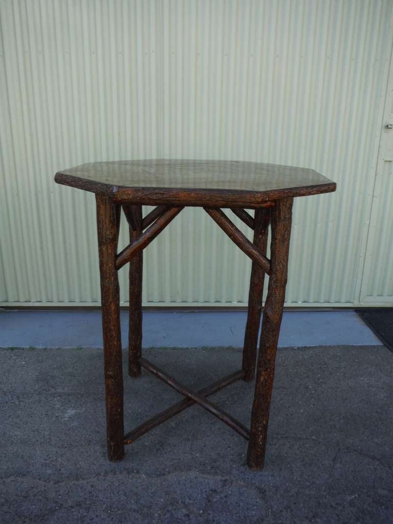 20th Century Old HIckory Pub Table with Four Upholstered Swivel Bar Stools