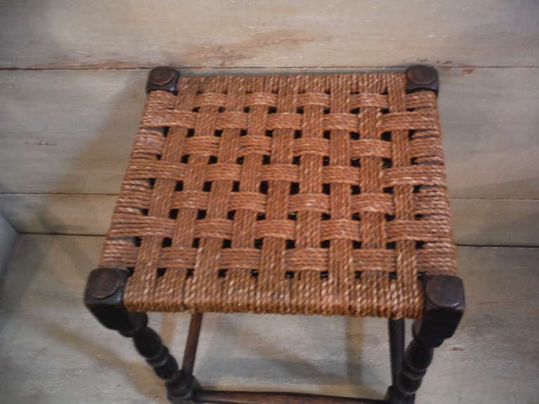 Pine 19th Century English Handwoven Hemp Seat with Turned Legs Stool For Sale