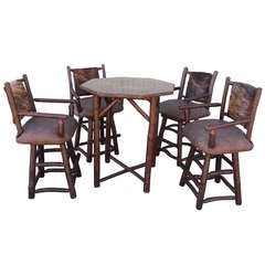 Vintage Old HIckory Pub Table with Four Upholstered Swivel Bar Stools