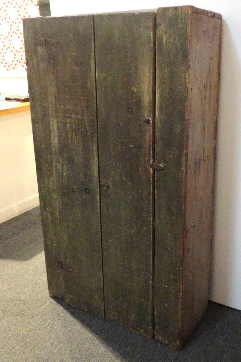 Adirondack 19th Century Wall Cupboard in Original Sage Green over White Washed Paint For Sale
