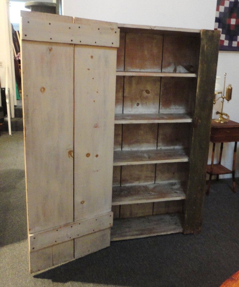 19th Century Wall Cupboard in Original Sage Green over White Washed Paint In Distressed Condition For Sale In Los Angeles, CA