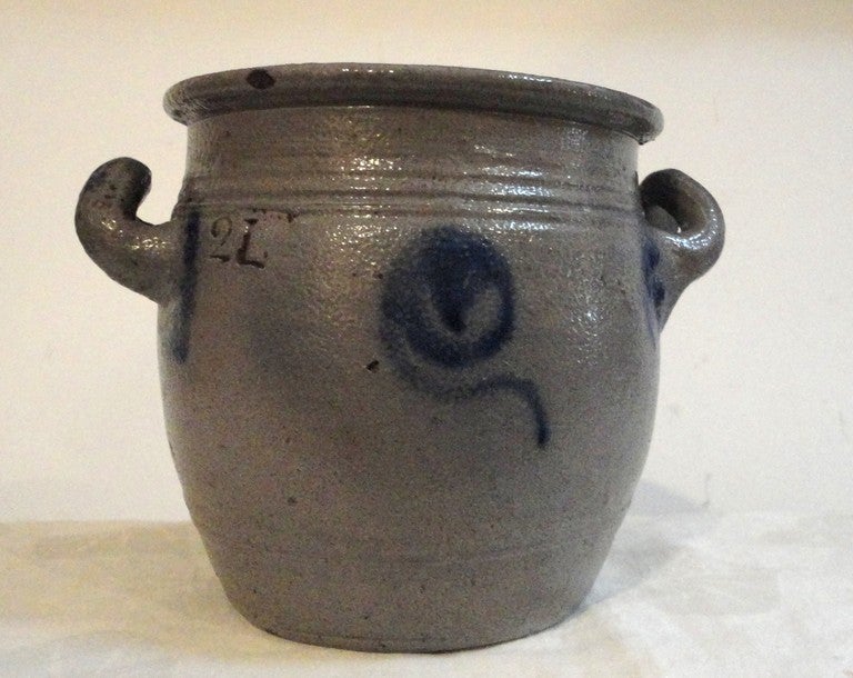 American Rare 19th Century Blue Salt Glaze Decorated Salt Crock from Pennsylvania