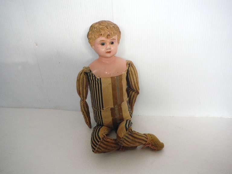 Folk Art Ticking Body Signed Minerva Doll, Germany In Excellent Condition In Los Angeles, CA