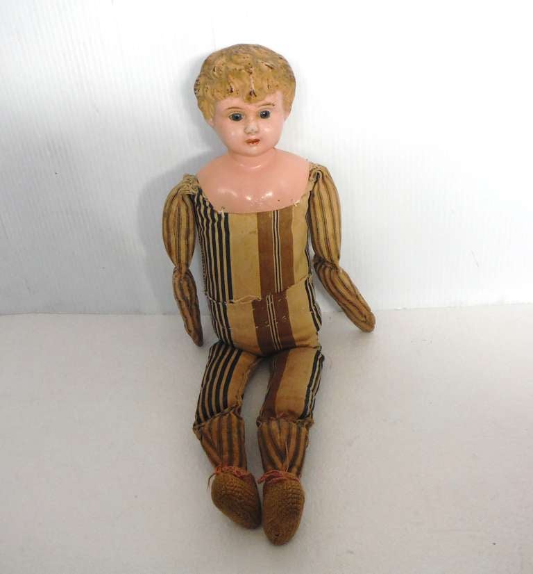 19th Century Folk Art Ticking Body Signed Minerva Doll, Germany