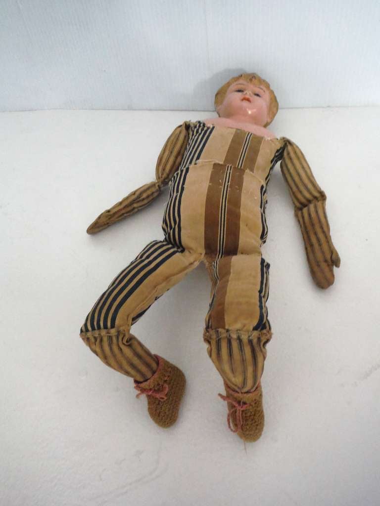 Folk Art Ticking Body Signed Minerva Doll, Germany 2